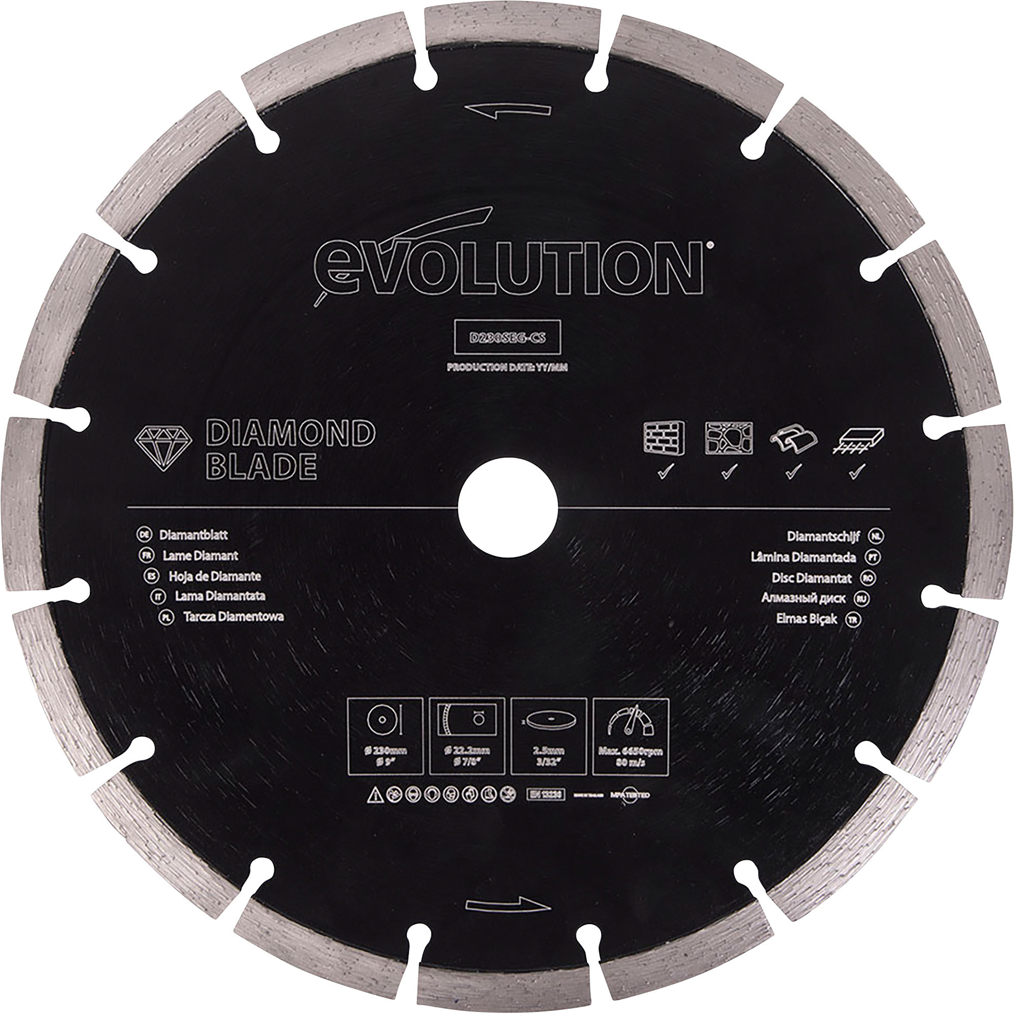 Evolution Segmented Diamond Edge Circular Saw Blade, 9in. Dia., 7/8in. Arbor, Model# D230SEG-CS